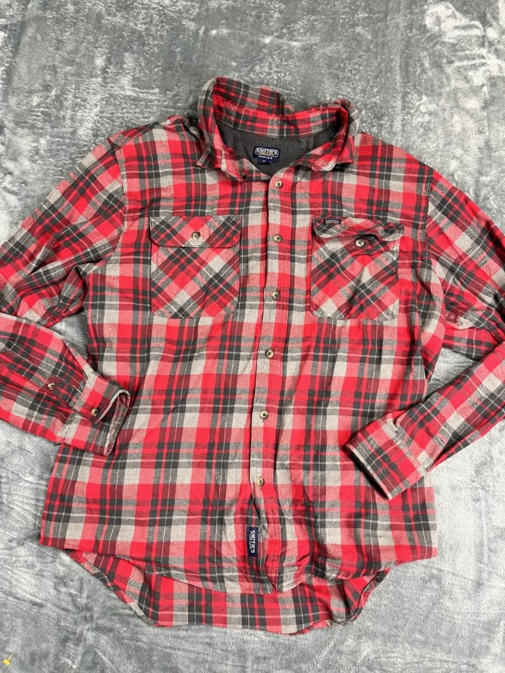 Smiths Workwear Mens Red & Gray Plaid Flannel Button-Up Shirt XL